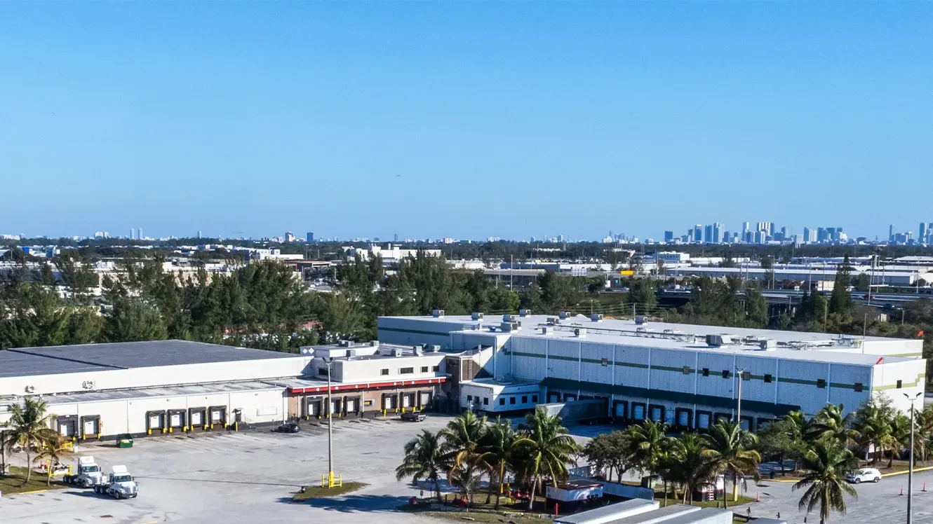 Aerial view of a 160,000-square-foot cold storage facility in Opa-Locka, North Miami, Florida, acquired by BGO and Banner Property Group.